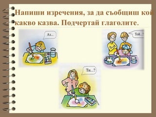 Напиши изречения, за да съобщиш кой какво казва. Подчертай глаголите . 