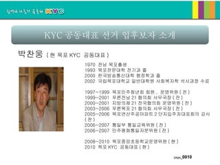 KYC 공동대표 선거 입후보자 소개 박찬웅   ( 현 목포 KYC  공동대표 )    1970  전남 목포출생 1993  목포전문대학 전기과 졸 2000  한국방송통신대학 행정학과 졸 2002  국립목포대학교 일반대학원 사회복지학 석사과정 수료    1997~1999  목포민주청년회 회원 ,  운영위원 ( 전 ) 1999~2001  푸른전남 21 협의회 사무국장 ( 전 ) 2000~2001  지방의제 21 전국협의회 운영위원 ( 전 ) 2003~2006  푸른목포 21 협의회 사무국장 ( 전 ) 2005~2006  목포연산주공아파트 2 단지입주자대표회의 감사 ( 전 ) 2006~2007  통일부 통일교육위원 ( 전 )  2006~2007  민주평화통일자문위원 ( 전 )    2008~2010  목포중앙초등학교운영위원 ( 현 ) 2010  목포 KYC  공동대표 ( 현 )    