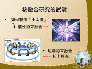 核融合研究的試驗 如何製造「小太陽」？ 磁場約束融合 ~ 托卡馬克 慣性約束融合 