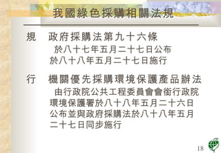我國綠色採購相關法規    政府採購法第九十六條 於八十七年五月二十七日公布 於八十八年五月二十七日施行    機關優先採購環境保護產品辦法 由行政院公共工程委員會會銜行政院 環境保護署於八十八年五月二十六日 公布並與政府採購法於八十八年五月 二十七日同步施行 