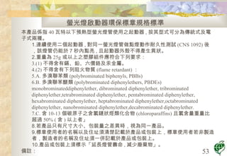 螢光燈啟動器環保標章規格標準  本產品係指 40 瓦特以下預熱型螢光燈管使用之起動器 , 按其型式可分為傳統式及電子式兩種。 連續使用二個起動器 , 對同一螢光燈管做點燈動作耐久性測試 (CNS 1092) 後，該燈管仍能於７秒內點亮 , 且起動器外殼不得產生異狀。  重量為 25g 或以上之塑膠組件應符合下列要求：  (1) 不得含有鎘、鉛、六價鉻及汞金屬。 (2) 不得含有下列阻火物質 (flame retardant) ： A. 多溴聯苯類 (polybrominated biphenyls, PBBs)  B. 多溴聯苯醚類 (polybrominated diphenylethers, PBDEs) monobrominateddiphenylether, dibrominated diphenylether, tribrominated diphenylether,tetrabrominated diphenylether, pentabrominated diphenylether, hexabrominated diphenylether, heptabrominated diphenylether,octabrominated diphenylether, nanobrominated diphenylether,decabrominated diphenylether. C. 含 10-13 個碳原子之含氯鏈狀烴類化合物 (chloroparaffins) 且氯含量重量比超過 50% ( 含 ) 以上者」 若產品只有尺寸大小、包裝量之差異時，視為同一產品。  標章使用者的名稱以及住址須清楚記載於產品或包裝上，標章使用者若非製造者，製造者的名稱及住址須一併記載於產品或包裝上。  產品或包裝上須標示「延長燈管壽命 , 減少廢棄物」。  備註： 