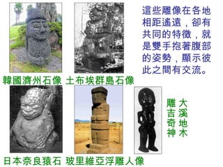 這些雕像在各地相距遙遠，卻有共同的特徵，就是雙手抱著腹部的姿勢，顯示彼此之間有交流。 韓國濟州石像 土布埃群島石像 日本奈良猿石 玻里維亞浮雕人像 大溪地木雕吉奇神 