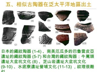 五、相似古陶器在泛太平洋地區出土 日本的繩紋陶器 (1-4) 、南美厄瓜多的巴魯雷皮亞遺址的繩紋陶器 (5-7) 和台灣的繩紋陶器：牛罵頭遺址大坌坑文化 (8) 、芝山岩遺址大坌坑文化 (9-10) 、水底寮遺址營埔文化 (11-13) ，紋理很酷似。 