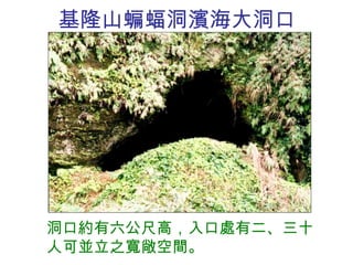 基隆山蝙蝠洞 濱海 大洞口 洞口約有六公尺高，入口處有二、三十人可並立之寬敞空間。 
