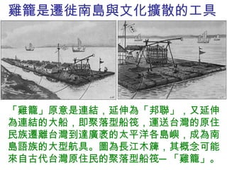 雞籠是 遷徙 南島 與文化擴散的工具 「雞籠」原意是連結，延伸為「邦聯」，又延伸為連結的大船，即聚落型船筏，運送台灣的原住民族遷離台灣到達廣袤的太平洋各島嶼，成為南島語族的大型航具。圖為長江木簰，其概念可能來自古代台灣原住民的聚落型船筏─「雞籠」。 