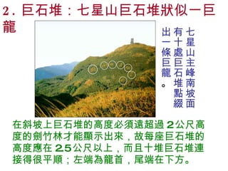 在斜坡上巨石堆的高度必須遠超過 2 公尺高度的劍竹林才能顯示出來，故每座巨石堆的高度應在 2.5 公尺以上，而且十堆巨石堆連接得很平順；左端為龍首，尾端在下方。 2. 巨石堆：七星山巨石堆狀似一巨龍 七星山主峰南坡面有十處巨石堆點綴出一條巨龍 。 