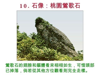 10. 石像：桃園鶯歌石 鶯歌石的翅膀和軀體看來栩栩如生，可惜頭部已掉落，倘若從其他方位觀看則完全走樣。 