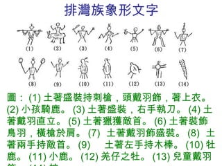 排灣族象形文字 圖： (1) 土著盛裝持刺槍，頭戴羽飾，著上衣。 (2) 小孩騎鹿。 (3) 土著盛裝，右手執刀。 (4) 土著戴羽直立。 (5) 土著獵獲敵首。 (6) 土著裝飾鳥羽，橫槍於肩。 (7)  土著戴羽飾盛裝。 (8)  土著兩手持敵首。 (9)  土著左手持木棒。 (10) 牡鹿。 (11) 小鹿。 (12) 羌仔之牡。 (13) 兒童戴羽飾。 (14) 蛇。 