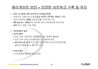 페이게이트 보안 – 안전한 네트워크 구축 및 유지
        내부 시스템에 대한 외부자의 직접접근제한
    -   외부자의 이용가능 프로토콜을 HTTP, HTTPS, SSH로 제한
    -   모든 트래픽은 DMZ 네트워크를 거치도록 구성
    -   DB Server는 DMZ와는 분리된 내부 네트워크에 위치시킴
    -   NAT 주소 변환 구성 적용

      개인방화벽 설치
    - 내부사용자
      > 모든 내부 사용자의 개인PC에 개인 방화벽 활성화
      > 모든 내부 서버 시스템에 호스트 방화벽 설치
      > AD Policy를 통해 허가 받지 않은 개인이 임의로 방화벽을
        설정 및 해제 할 수 없도록 구성

    - 외부사용자
      > 개인방화벽 활성화 방법 안내




Simple & Secure Internet Payment Service   12
 