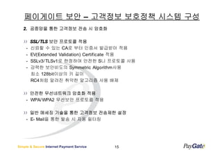 페이게이트 보안 – 고객정보 보호정책 시스템 구성
   2. 공중망을 통한 고객정보 전송 시 암호화

        SSL/ TLS 보안 프로토콜 적용
    -   신뢰할 수 있는 CA로 부터 인증서 발급받아 적용
    -   EV(Extended Validation) Certificate 적용
    -   SSLv3/ TLSv1로 한정하여 안전한 S니 프로토콜 사용
    -   강력한 보안비도의 Symmetric Algorithm사용
        최소 128bit이상의 키 길이
        RC4처럼 알려진 취약한 알고리즘 사용 배제

      안전한 무선네트워크 암호화 적용
    - WPA/ WPA2 무선보안 프로토콜 적용

      일반 메세징 기술을 통한 고객정보 전송제한 설정
    - E- Mail을 통한 발송 시 자동 필터링




Simple & Secure Internet Payment Service   15
 
