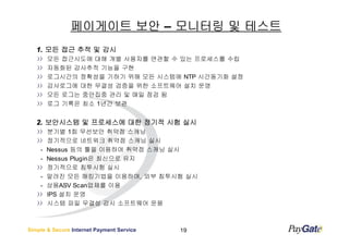 페이게이트 보안 – 모니터링 및 테스트
   1. 모든 접근 추적 및 감시
        모든 접근시도에 대해 개별 사용자를 연관할 수 있는 프로세스를 수립
        자동화된 감사추적 기능을 구현
        로그시간의 정확성을 기하기 위해 모든 시스템에 NTP 시간동기화 설정
        감사로그에 대한 무결성 검증을 위한 소프트웨어 설치 운영
        모든 로그는 중안집중 관리 및 매일 점검 됨
        로그 기록은 최소 1년간 보관


   2. 보안시스템 및 프로세스에 대한 정기적 시험 실시
        분기별 1회 무선보안 취약점 스캐닝
        정기적으로 네트워크 취약점 스캐닝 실시
    -   Nessus 등의 툴을 이용하여 취약점 스캐닝 실시
    -   Nessus Plugin은 최신으로 유지
        정기적으로 침투시험 실시
    -   알려진 모든 해킹기법을 이용하여, 외부 침투시험 실시
    -   상용ASV Scan업체를 이용
        IPS 설치 운영
        시스템 파일 무결성 감시 소프트웨어 운용



Simple & Secure Internet Payment Service   19
 
