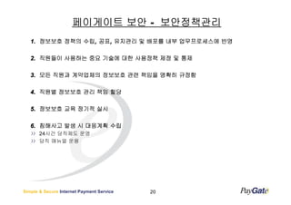 페이게이트 보안 - 보안정책관리
               수립, 공표,
   1. 정보보호 정책의 수립, 공표, 유지관리 및 배포를 내부 업무프로세스에 반영

   2. 직원들이 사용하는 중요 기술에 대한 사용정책 제정 및 통제

   3. 모든 직원과 계약업체의 정보보호 관련 책임을 명확히 규정함

   4. 직원별 정보보호 관리 책임 할당

   5. 정보보호 교육 정기적 실시

   6. 침해사고 발생 시 대응계획 수립
       24시간 당직제도 운영
       당직 매뉴얼 운용




Simple & Secure Internet Payment Service   20
 