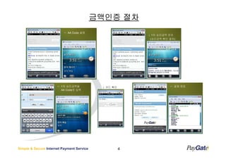 금액인증 절차
                          ← AA Code 설명
                                                          ↓ 1차 승인금액 문자
                                                           (승인금액 확인 절차)




                      ← 1차 승인금액을            ↓ 코드 확인                 ← 결제 완료
                        AA Code로 입력




Simple & Secure Internet Payment Service              4
 