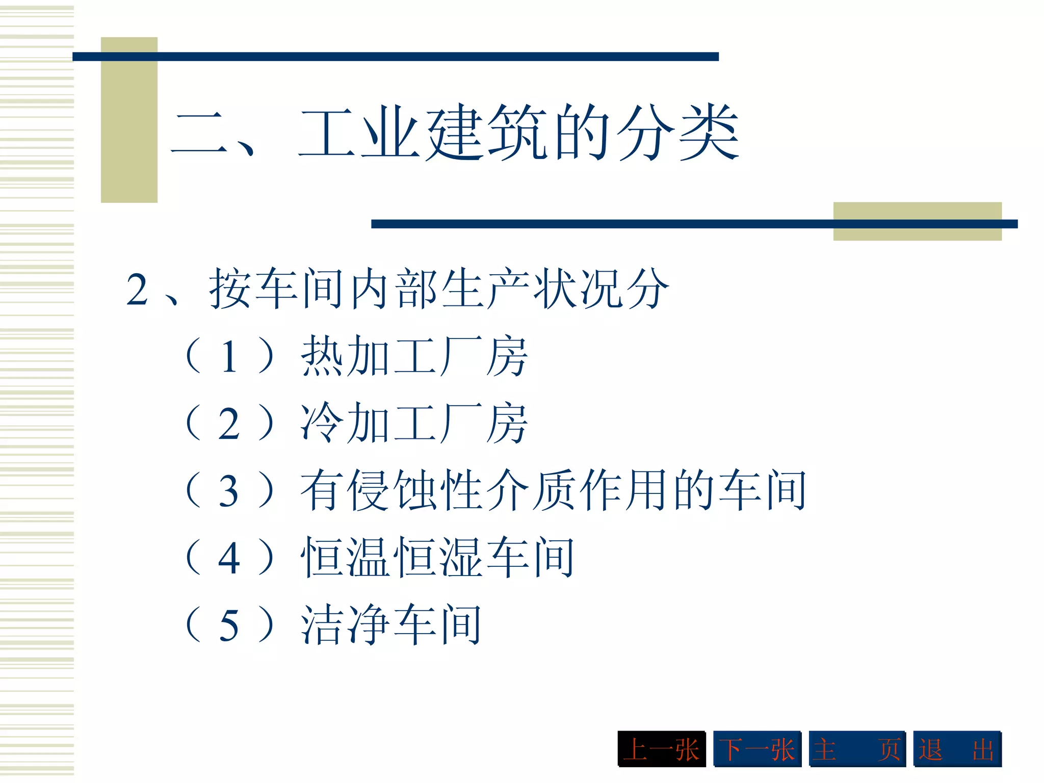 二、工业建筑的分类 2 、按车间内部生产状况分 （ 1 ）热加工厂房 （ 2 ）冷加工厂房 （ 3 ）有侵蚀性介质作用的车间 （ 4 ）恒温恒湿车间 （ 5 ）洁净车间 下一张 主  页 退  出 上一张 