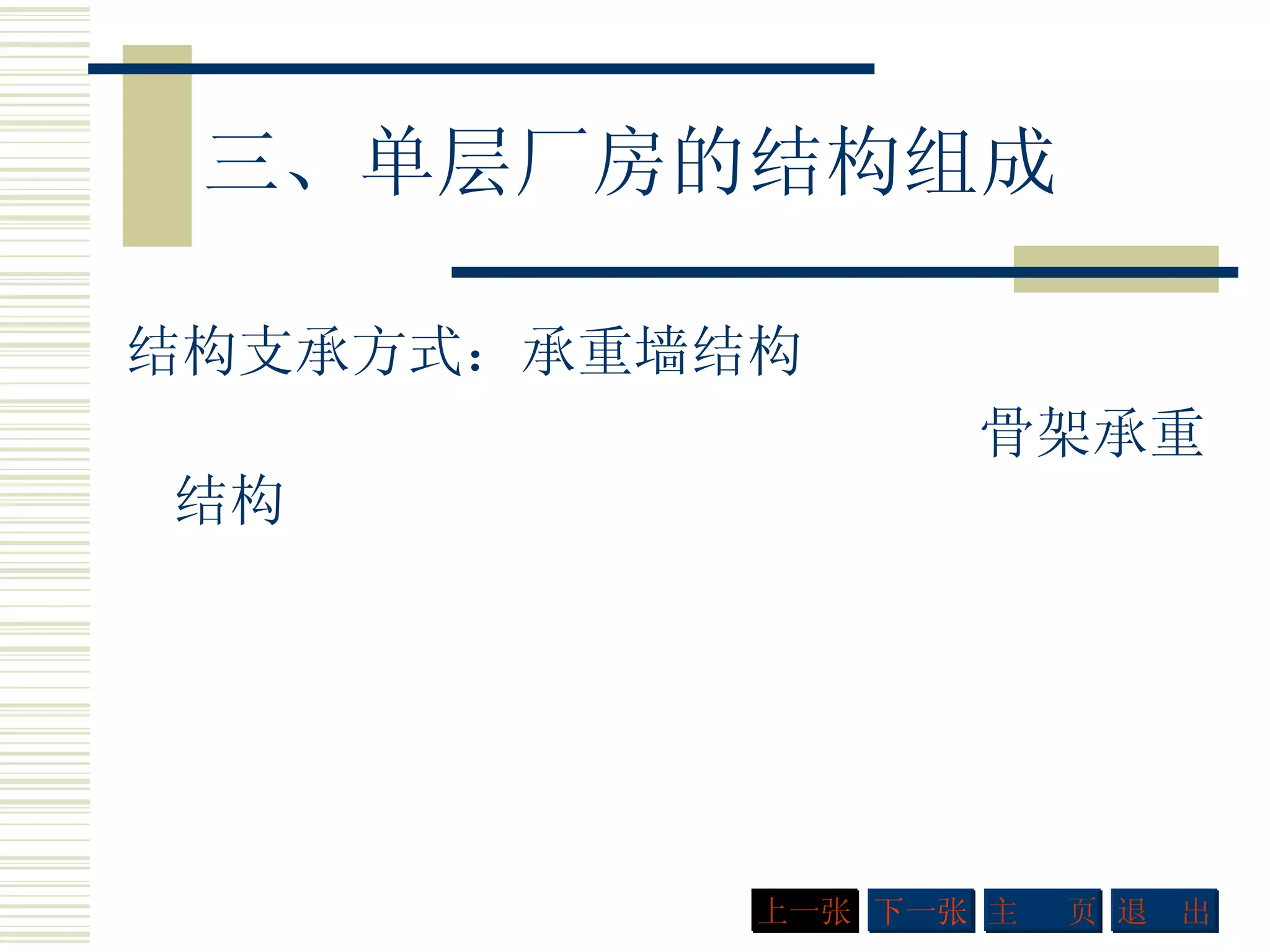 三、单层厂房的结构组成 结构支承方式：承重墙结构 骨架承重结构 下一张 主  页 退  出 上一张 