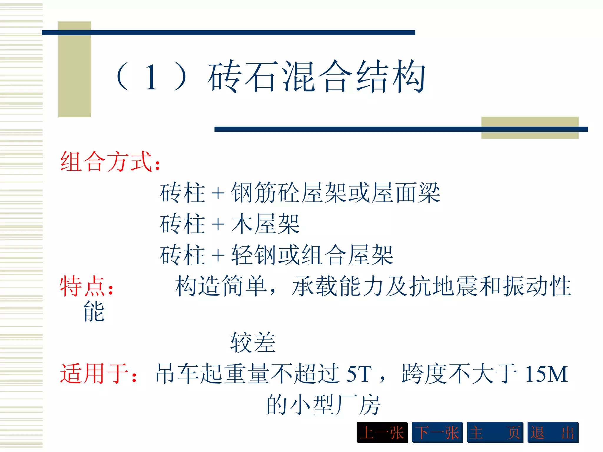 （ 1 ）砖石混合结构 组合方式： 砖柱 + 钢筋砼屋架或屋面梁 砖柱 + 木屋架 砖柱 + 轻钢或组合屋架 特点：   构造简单，承载能力及抗地震和振动性能  较差 适用于： 吊车起重量不超过 5T ，跨度不大于 15M 的小型厂房 下一张 主  页 退  出 上一张 