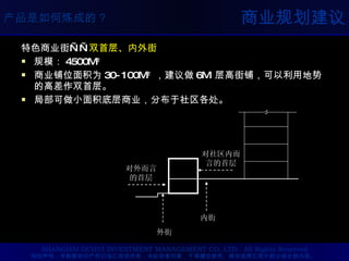 商业规划建议 特色商业街—— 双首层、内外街 规模： 4500M 2   商业铺位面积为 30-100M 2   ，建议做 6M  层高街铺，可以利用地势的高差作双首层。 局部可做小面积底层商业，分布于社区各处。 对外而言的首层 对社区内而言的首层 外街 内街 