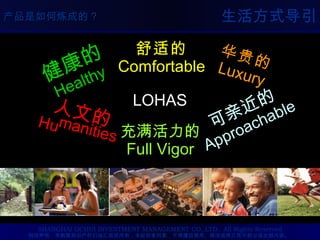 生活方式导引 健康的 Healthy 华贵的 Luxury 人文的 Humanities 可亲近的 Approachable LOHAS 舒适的 Comfortable 充满活力的 Full Vigor 