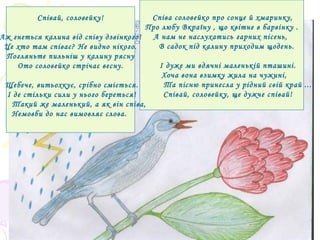 Співа соловейко про сонце й хмаринку, Про любу Вкраїну , що квітне в барвінку . А нам не наслухатись гарних пісень,  В садок під калину приходим щодень. І дуже ми вдячні маленькій пташині.  Хоча вона взимку жила на чужині, Та пісню принесла у рідний свій край ...  Співай, соловейку, ще дужче співай! Співай, соловейку! Аж гнеться калина від співу дзвінкого! Це хто там співає? Не видно нікого. Погляньте пильніш у калину рясну Ото соловейко стрічає весну. Щебече, витьохкує, срібно сміється. І де стільки сили у нього береться! Такий же маленький, а як він співа, Немовби до нас вимовляє слова.  