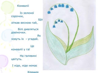 Конвалії  Із зеленої сорочки,  Що зіткав весною гай,  Білі дивляться дзвіночки.  Як зовуть їх  - угадай. Це конвалії у гаї  На галявині цвітуть.  І ніде, ніде немає  Кращих квіточок, мабуть.  В них так пахощів багато,  Цвіту свіжого, роси.  Хай ростуть, не буду рвати, -  Шкода їхньої краси!  