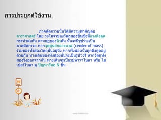 การประยุกต์ใช้งาน   ภาคตัดกรวยนั้นได้มีความสำคัญต่อ ดาราศาสตร์  โดย วงโคจรของวัตถุสองชิ้นซึ่งมี แรงดึงดูด กระทำต่อกัน ตามกฏของ นิว ตัน  นั้นจะมีรูปร่างเป็นภาคตัดกรวย หาก จุดศูนย์กลางมวล   ( center of mass)  ร่วมของทั้งสองวัตถุนั้นอยู่นิ่ง หากทั้งสองนั้นถูกดึงดูดอยู่ด้วยกัน ทางเดินของทั้งสองนั้นจะเป็นรูปวงรี หากวัตถุทั้งสองวิ่งออกจากกัน ทางเดินจะเป็นรูปพาราโบลา หรือ ไฮเปอร์โบลา ดู  ปัญหาวัตถุ  N  ชิ้น   