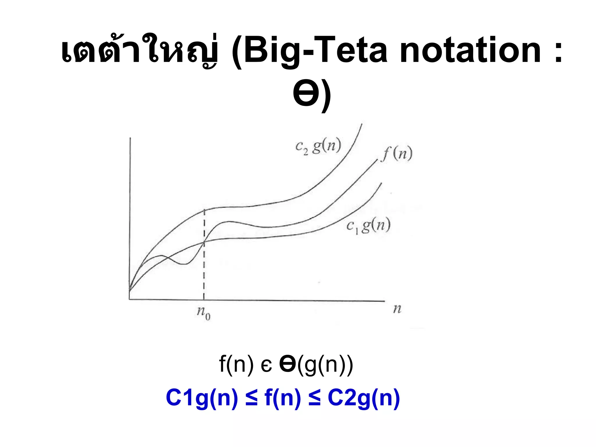 เตต้าใหญ่  (Big-Teta   notation :  Ө ) f(n)  є   Ө (g(n)) C1g(n) ≤ f(n) ≤ C2g(n)  