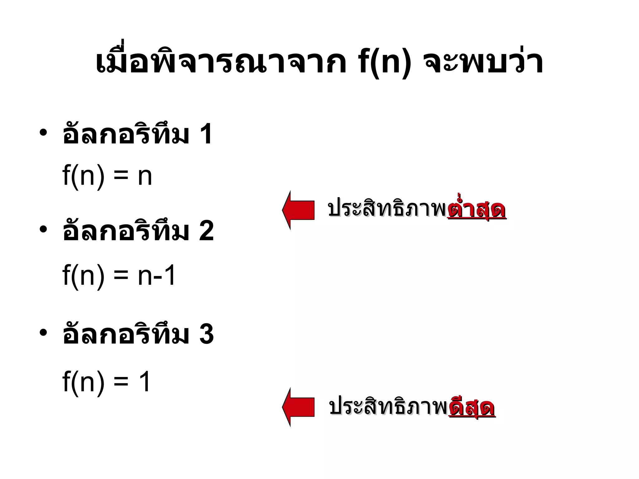 เมื่อพิจารณาจาก  f(n)  จะพบว่า อัลกอริทึม  1 f(n) = n อัลกอริทึม  2 f(n) = n-1 อัลกอริทึม  3 f(n) = 1 ประสิทธิภาพ ต่ำสุด ประสิทธิภาพ ดีสุด 