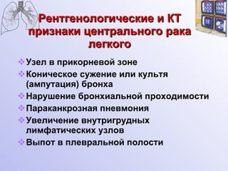 Рентгенологические и КТ признаки центрального рака легкого Узел в прикорневой зоне Коническое сужение или культя (ампутация) бронха Нарушение бронхиальной проходимости Параканкрозная пневмония Увеличение внутригрудных лимфатических узлов Выпот в плевральной полости 