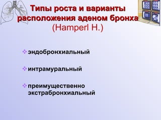 Типы роста и варианты расположения аденом бронха   (Hamperl H.) эндобронхиальный интрамуральный преимущественно экстрабронхиальный 
