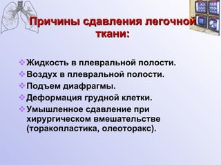 Причины сдавления легочной ткани: Жидкость в плевральной полости. Воздух в плевральной полости. Подъем диафрагмы. Деформация грудной клетки. Умышленное сдавление при хирургическом вмешательстве (торакопластика, олеоторакс). 