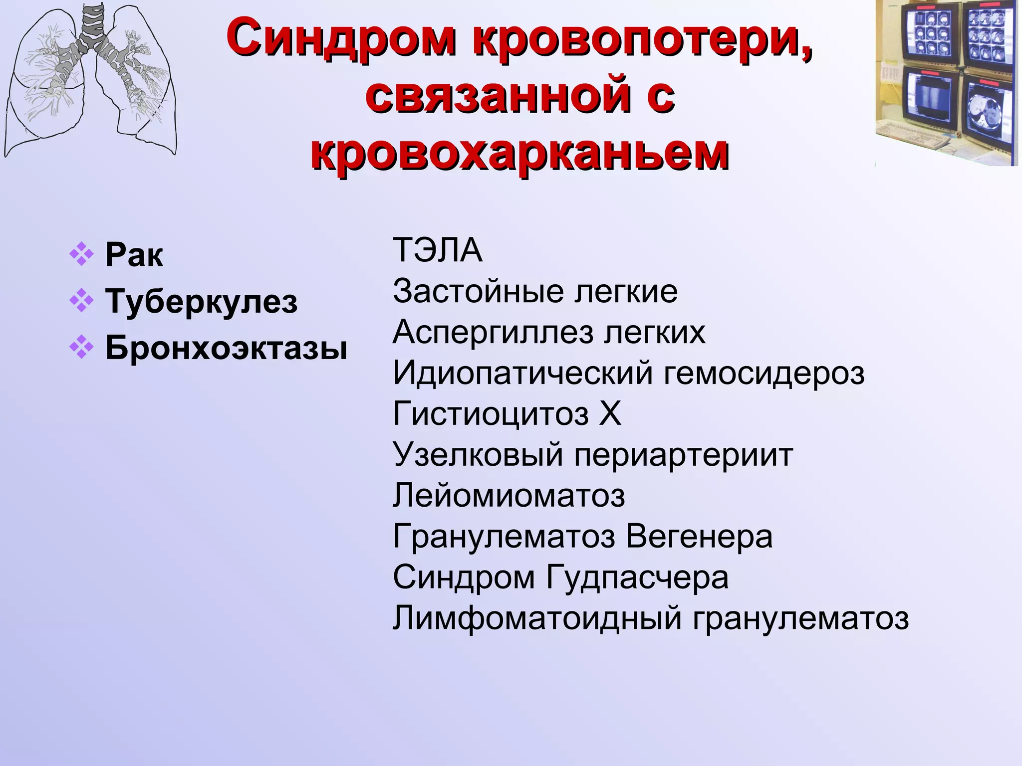 Синдром кровопотери, связанной с кровохарканьем Рак Туберкулез Бронхоэктазы ТЭЛА Застойные легкие Аспергиллез легких Идиопатический гемосидероз Гистиоцитоз Х Узелковый периартериит Лейомиоматоз Гранулематоз Вегенера Синдром Гудпасчера Лимфоматоидный гранулематоз 