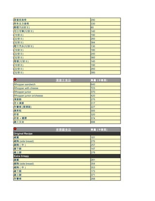 麥當奴曲奇                              290
碎朱古力曲奇                             330
鮮橙汁(6安士)                           80
可口可樂(12安士)                         140
(16安士)                             190
(22安士)                             260
(32安士)                             384
橙汁汽水(12安士)                         130
(16安士)                             180
(22安士)                             240
(32安士)                             360
雪碧(12安士)                           140
(16安士)                             190
(22安士)                             260
(32安士)                             380


                           漢堡王食品   熱量 (卡路里)
Whopper sandwich                   640
Whopper with cheese                723
Whopper junior                     370
Whopper junior or/cheese           420
漢堡飽                                275
芝士漢堡                               317
炸薯條 (普通裝)                          227
蘋果枇                                305
奶昔                                 320
奶昔 + 糖漿                            374
雞三文治                               688


                           肯德雞食品   熱量 (卡路里)
Original Recipe
雞翼                                 181
雞胸 (side breast)                   276
雞胸（中）                              257
雞下腿                                147
雞上腿                                278
Extra Crispy
雞翼                                 281
雞胸 (side breast)                   354
雞胸（中）                              353
雞下腿                                173
雞上腿                                371
炸薯條                                268
 