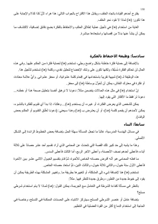 ‫031‬
‫ﻳﻘﺘﺮح أﺣﺪهﻢ اﻟﻘﻴﺎدة ﺏﺎﺗﺠﺎﻩ اﻟﺨﻠﻒ، وﻳﻘﺎﺏﻞ هﺬا اﻻﻗﺘﺮاح ﺏﺎﻟﺠﻮاب اﻟﺘﺎﻟﻲ: هﺬا هﺮاء ﻷن آﺬا آﺬا! واﻹﺟﺎﺏﺔ ﻋﻠ ﻰ‬
                      ‫َﱠ‬
                                                                        ‫هﺬا ﺗﻜﻮن: )هﺎ( ﻟﻤﺎذا ﻻ ﻥﻘﻮد ﻥﺤﻮ اﻟﺨﻠﻒ.‬
‫اﻟﻐﺎﻳﺔ ﻣﻦ اﺳﺘﺨﺪام )هﺎ( هﻲ ﺗﺄﺟﻴﻞ ﻋﻤﻠﻴﺔ إﻃﻼق اﻟﺤﻜﻢ، واﻻﺣﺘﻔﺎظ ﺏﺎﻟﻔﻜﺮة ﺏﻀﻊ دﻗﺎﺉﻖ إﺽ ﺎﻓﻴﺔ، ﻻآﺘﺸ ﺎف ﻣ ﺎ‬
                                                         ‫ﻳﻤﻜﻦ أن ﻳﻨﺸﺄ ﻋﻨﻬﺎ ﺏﺪﻻ ﻣﻦ إﻗﺼﺎﺉﻬﺎ واﺳﺘﺒﻌﺎدهﺎ ﻣﺒﺎﺷﺮة.‬
                                                                                       ‫ً‬




                                                                 ‫ﺳﺎدﺳ ً: وﻇﻴﻔﺔ اﻻﺣﺘﻔﺎظ ﺑﺎﻟﻔﻜﺮة‬
                                                                                        ‫ﺎ‬
‫ﺏﺎﻹﺽﺎﻓﺔ ِﻟﻰ ﺣﻤﺎﻳﺔ ﻓﻜﺮة ﺥﺎﻃﺌﺔ ﺏﺸﻜﻞ واﺽﺢ وﺟﻠﻲ، ﺗﺴﺘﺨﺪم )هﺎ( ﻟﺤﻤﺎﻳﺔ ﻓﻜﺮة ﻣ ﻦ اﻟﺤﻜ ﻢ ﻋﻠﻴﻬ ﺎ. وﻓ ﻲ ه ﺬﻩ‬
                                                                                        ‫إ‬
   ‫اﻟﺤﺎل ﻟﻦ ﺗﺤﺎآﻢ اﻟﻔﻜﺮة ﻣﺴ ﱠﻘً، وﻟﻜﻨﻬﺎ ﺗﻜﻮن ﻋﻠﻰ وﺷﻚ اﻹﺥﻀﺎع ﻟﺘﺤﻠﻴﻞ ﻥﻘﺪي، وآﻠﻤﺔ )هﺎ( ﺗﺴﺘﺨﺪم ﻟﺘﺄﺟﻴﻞ هﺬا.‬
                                                                          ‫ُ َﺒ ﺎ‬
‫هﺬﻩ اﻟﻮﻇﻴﻔﺔ ﻟـ )هﺎ( ﺷﺒﻴﻬﺔ ﺗﻘﺮﻳﺒﺎ ﺏﺎﺳﺘﺨﺪاﻣﻬﺎ ﻓﻲ إﻗﺤﺎم آﻠﻤﺔ ﻋﺸﻮاﺉﻴﺔ، أو ﻣﺤﻔﺰ ﻋﺸﻮاﺉﻲ. وأي ﻋﻼﻣﺔ ﻣﻌﺘﺎدة،‬
             ‫ﱡ‬                                                     ‫ً‬
                                             ‫أو ﻓﻜﺮة ﻓﻲ ﻣﻌﺘﺮك اﻟﻨﻘﺎش، ﻳﻤﻜﻦ أن ﺗﺤﻮل ﺏﻮﺳﺎﻃﺔ )هﺎ( إﻟﻰ ﻣﺤﻔﺰ.‬
                                                                   ‫ُ َﱠ َ‬
‫إن اﺳﺘﺨﺪام )هﺎ( ﻓﻲ ﻣﺜﻞ ه ﺬﻩ اﻟﺤ ﺎﻻت ﻳﺘﻀ ﻤﻦ ﻣ ﺜﻼ: دﻋﻮﻥ ﺎ ﻻ ﻥﺮه ﻖ أﻥﻔﺴ ﻨﺎ ﺏﺘﺤﻠﻴ ﻞ ﺻ ﺤﺔ ه ﺬا أو ﺥﻄﺌ ﻪ...‬
                                                      ‫ً‬                                            ‫ﱠ‬
                                                                         ‫دﻋﻮﻥﺎ ﻥﺮ ﻓﻘﻂ ﻣﺎ اﻷﻓﻜﺎر اﻟﺘﻲ ﻳﻘﻮد إﻟﻴﻬﺎ.‬
                                                                                                        ‫ََ‬
‫ﻳﻤﻜﻦ ﻟﻠﺸﺨﺺ اﻟﺬي ﻳﻌﺮض اﻟﻔﻜ ﺮة، أو ﻏﻴ ﺮﻩ، أن ﻳﺴ ﺘﺨﺪم )ه ﺎ(... وهﻜ ﺬا، إذا ﺏ ﺪأ أي ﺗﻘ ﻮﻳﻢ ﻟﻠﻔﻜ ﺮة ﺏﺎﻟﻨﺸ ﻮء،‬
‫ﻳﻤﻜ ﻦ ﻷﺣ ﺪهﻢ أن ﻳﻘﺤ ﻢ آﻠﻤ ﺔ )ه ﺎ(، أو أن ﻳﻌﺘ ﺮض ﺏ ـ )ه ﺎ( وه ﺬا ﺳ ﻴﻌﻨﻲ: )دﻋﻮﻥ ﺎ ﻥﻌﻠ ﻖ اﻟﺘﻘ ﻮﻳﻢ أو اﻟﺤﻜ ﻢ ﺏﻌ ﺾ‬
                        ‫ُ َﱢ ِ‬
                                                                                                         ‫اﻟﻮﻗﺖ(.‬

                                                                                               ‫ﺳﺎﺑﻌ ً: اﻟﺒﻨﺎء‬
                                                                                                       ‫ﺎ‬
‫ﻓﻲ ﻣﺴﺎﺉﻞ اﻟﻬﻨﺪﺳﺔ اﻟﻤﺪرﺳﻴﺔ، ﻏﺎﻟﺒﺎ ﻣﺎ ﺗﺠﻌﻞ اﻟﻤﺴ ﺄﻟﺔ ﺳ ﻬﻠﺔ اﻟﺤ ﻞ ﺏﺈﺽ ﺎﻓﺔ ﺏﻌ ﺾ اﻟﺨﻄ ﻮط اﻟﺰاﺉ ﺪة إﻟ ﻰ اﻟﺸ ﻜﻞ‬
                                                                       ‫ً‬
                                                                                                        ‫اﻷﺻﻠﻲ.‬
‫وهﺬا ﻣﺎ ﻳﺸﺒﻪ إَﻰ ﺣﺪ آﺒﻴﺮ ﺗﻠﻚ اﻟﻘﺼﺔ اﻟﺘﻲ ﺗﺘﺤﺪث ﻋﻦ اﻟﻤﺤﺎﻣﻲ اﻟﺬي أراد ﺗﻘﺴﻴﻢ أﺣﺪ ﻋﺸﺮ ﺣﺼﺎﻥﺎ ﻋﻠﻰ ﺛﻼﺛﺔ‬
         ‫ً‬                                                                      ‫ﻟ‬
                          ‫أﺏﻨﺎء، ﻓﺄﻋﻄﻰ أﺣﺪهﻢ ﻥﺼﻒ اﻷﺣﺼﻨﺔ، وأﻋﻄﻰ اﻵﺥﺮ اﻟﺮﺏﻊ، أﻣﺎ اﻟﺜﺎﻟﺚ ﻓﺄﻋﻄﻰ اﻟﺴﺪس.‬
‫ﻣ ﺎ ﻓﻌﻠ ﻪ اﻟﻤﺤ ﺎﻣﻲ ه ﻮ أﻥ ﻪ أﻗ ﺮض ﺣﺼ ﺎﻥﻪ اﻟﺨ ﺎص ﻟﻸﺥ ﻮة، ﺛ ﻢ ﻗ ﺎم ﺏﺘﻘﺴ ﻴﻢ اﻟﺨﻴ ﻮل اﻻﺛﻨ ﻲ ﻋﺸ ﺮ ﺏ ﻴﻦ اﻷﺥ ﻮة‬
                                             ‫ﱠ‬                                 ‫ﱠ‬
                         ‫ﻓﺄﻋﻄﻰ اﻷول ﺳﺘﺔ ﺥﻴﻮل، واﻟﺜﺎﻥﻲ ﺛﻼﺛﺔ ﺥﻴﻮل، واﻟﺜﺎﻟﺚ اﺛﻨﻴﻦ، ﺛﻢ اﺳﺘﻌﺎد ﺣﺼﺎﻥﻪ اﻟﺨﺎص.‬
                                             ‫ﱠ‬
‫ﺗﺴﺘﺨﺪم )هﺎ( هﻨﺎ ﻹﺽﺎﻓﺔ ﺷﻲء إﻟﻰ اﻟﻤﺸﻜﻠﺔ، أو ﻟﺘﻐﻴﻴﺮهﺎ ﺏﻄﺮﻳﻘﺔ ﻣ ﺎ. وﺗﻐﻴﻴ ﺮ اﻟﻤﺸ ﻜﻠﺔ ﺏﻬ ﺬﻩ اﻟﻄﺮﻳﻘ ﺔ ﻳﻤﻜ ﻦ أن‬
                                               ‫ﻳﻘﻮد ِﻟﻰ ﺥﻴﻮط ﺟﺪﻳﺪة ﻣﻦ اﻟﺘﻄﻮر، وﻃﺮق ﺟﺪﻳﺪة ﻟﻠﻨﻈﺮ ﻓﻴﻬﺎ. ﻣﺜﻼ:‬
                                                ‫ً‬                                                  ‫إ‬
‫ﺏﺎﻟﻨﻈﺮ ﻓ ﻲ ﻣﺴ ﺄﻟﺔ آﻔ ﺎءة اﻟﺸ ﺮﻃﺔ ﻓ ﻲ اﻟﺘﻌﺎﻣ ﻞ ﻣ ﻊ اﻟﺠﺮﻳﻤ ﺔ، ﻳﻤﻜ ﻦ اﻟﻘ ﻮل: )ه ﺎ( ﻟﻤ ﺎذا ﻻ ﻳ ﺘﻢ اﺳ ﺘﺨﺪام ﺷ ﺮﻃﻲ‬
                                                                                                          ‫ﻣﺴﻠﺢ؟‬
‫ﺏﺈﺽﺎﻓﺔ ﻋﺎﻣﻞ أو ﻋﻨﺼ ﺮ اﻟﺸ ﺮﻃﻲ اﻟﻤﺴ ﻠﺢ ﺳ ﻴﺘﺮآﺰ اﻻﻥﺘﺒ ﺎﻩ ﻋﻠ ﻰ اﻟﺤﺴ ﻨﺎت اﻟﻤﻤﻜﻨ ﺔ ﻓ ﻲ اﻟﺘﺴ ﻠﺢ، وﺥﺎﺻ ﺔ ﻓ ﻲ‬
                                                   ‫اﻟﺤﺎﺟﺔ إﻟﻰ اﺳﺘﺨﺪام اﻟﺪﻣﺎغ أآﺜﺮ ﻣﻦ اﻟﻘﻮة اﻟﻌﻀﻠﻴﺔ ﻓﻲ اﻟﺘﻨﻈﻴﻢ.‬
 