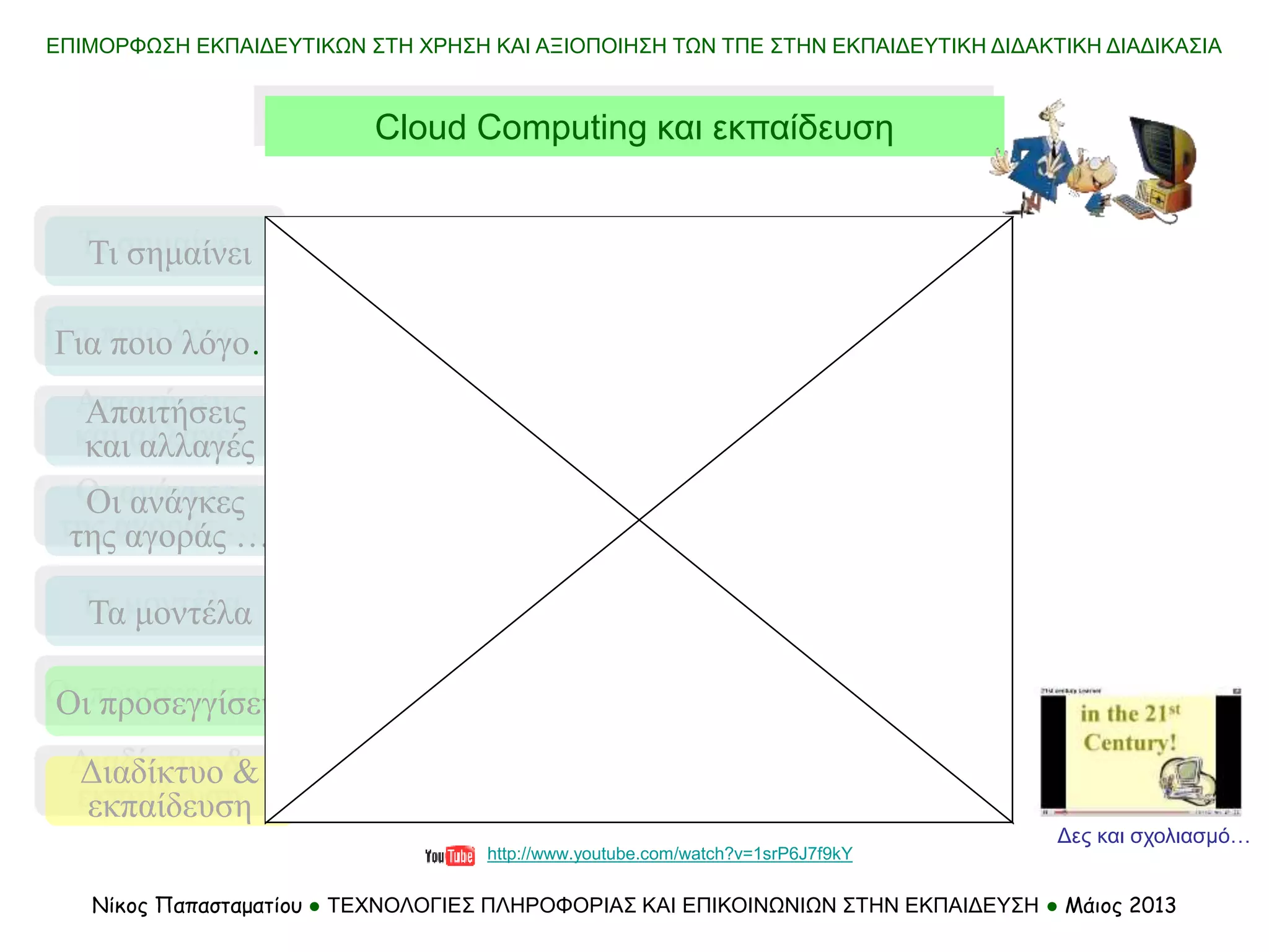 Τι σημαίνει
Τα μοντέλα
Οι προσεγγίσεις
Για ποιο λόγο…
Απαιτήσεις
και αλλαγές
Οι ανάγκες
της αγοράς …
Διαδίκτυο &
εκπαίδευση
http://www.youtube.com/watch?v=1srP6J7f9kY
ΕΠΙΜΟΡΦΩΣΗ ΕΚΠΑΙΔΕΥΤΙΚΩΝ ΣΤΗ ΧΡΗΣΗ ΚΑΙ ΑΞΙΟΠΟΙΗΣΗ ΤΩΝ ΤΠΕ ΣΤΗΝ ΕΚΠΑΙΔΕΥΤΙΚΗ ΔΙΔΑΚΤΙΚΗ ΔΙΑΔΙΚΑΣΙΑ
Νίκος Παπασταματίου ● ΤΕΧΝΟΛΟΓΙΕΣ ΠΛΗΡΟΦΟΡΙΑΣ ΚΑΙ ΕΠΙΚΟΙΝΩΝΙΩΝ ΣΤΗΝ ΕΚΠΑΙΔΕΥΣΗ ● Μάιος 2013
Δες και σχολιασμό…
Cloud Computing και εκπαίδευση
 