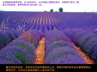 法国南部的普罗旺斯，在 12 世纪时，以它的骑士爱情而闻名，如果旅行是为了摆脱生活的桎 梏， 普罗旺斯会让你忘掉一切。 薰衣草迎风绽放，浓艳的色彩装饰翠绿的山谷，微微辛辣的香味混合着被晒焦的青草芬芳，交织成法国南部最令人难忘的气息。 