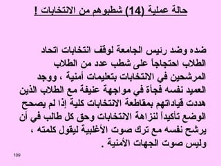 حالة عملية  (14)  شطبوهم من الانتخابات  ! اشتد غضب العميد إذ فوجئ بدعوى قضائية مرفوعة ضده وضد رئيس الجامعة لوقف انتخابات اتحاد الطلاب احتجاجاً على شطب عدد من الطلاب المرشحين في الانتخابات بتعليمات أمنية ، ووجد العميد نفسه فجأة في مواجهة عنيفة مع الطلاب الذين هددت قياداتهم بمقاطعة الانتخابات كلية إذا لم يصحح الوضع تأكيداً لنزاهة الانتخابات وحق كل طالب في أن يرشح نفسه مع ترك صوت الأغلبية ليقول كلمته ، وليس صوت الجهات الأمنية  . 