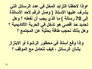 وإذا لاحظنا التزايد المخل في عدد الرسائل التي يشرف عليها الأستاذ  (  وصل الرقم لأحد الأساتذة إلى  70  رسالة  )  ما الذي يجب أن نفعله ؟ وهل تحديد حد أقصى هو تدخل في الحرية الأكاديمية ؟ وهل بذلك نحجب طاقة بحثية عن المجتمع ؟ وإذا وقع أستاذ في محظور الرشوة أو الابتزاز بشأن الرسائل ، كيف نتعامل مع الموقف ؟ 