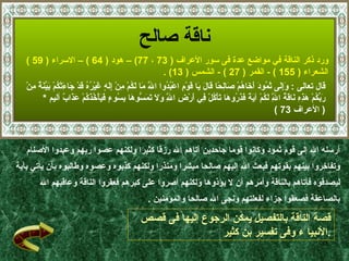 ناقة صالح ورد ذكر  الناقة  في مواضع عدة فى سور الأعراف   ( 73  ،  77)  –  هود   ( 64 )  –  الاسراء  ( 59 )  الشعراء  ( 155 )   -  القمر  ( 27 ) -  الشمس  ( 13) .  قال تعالى  :  وَإِلَى ثَمُودَ أَخَاهُمْ صَالِحًا قَالَ يَا قَوْمِ اعْبُدُوا اللَّهَ مَا لَكُمْ مِنْ إِلَهٍ غَيْرُهُ قَدْ جَاءَتْكُمْ بَيِّنَةٌ مِنْ رَبِّكُمْ هَذِهِ نَاقَةُ اللَّهِ لَكُمْ آيَةً فَذَرُوهَا تَأْكُلْ فِي أَرْضِ اللَّهِ وَلَا تَمَسُّوهَا بِسُوءٍ فَيَأْخُذَكُمْ عَذَابٌ  أليم  * (  الأعراف  73 ) أرسله الله إلى قوم ثمود وكانوا قوما جاحدين آتاهم الله رزقا كثيرا ولكنهم عصوا ربهم وعبدوا الأصنام  وتفاخروا بينهم بقوتهم فبعث الله إليهم صالحا مبشرا ومنذرا ولكنهم كذبوه وعصوه وطالبوه بأن يأتي بآية  ليصدقوه فأتاهم بالناقة وأمرهم أن لا يؤذوها ولكنهم أصروا على كبرهم فعقروا الناقة وعاقبهم الله  بالصاعقة فصعقوا جزاء لفعلتهم ونجى الله صالحا والمؤمنين   . قصة الناقة بالتفصيل يمكن الرجوع إليها فى قصص الأنبيا ء وفى تفسير بن كثير  . 