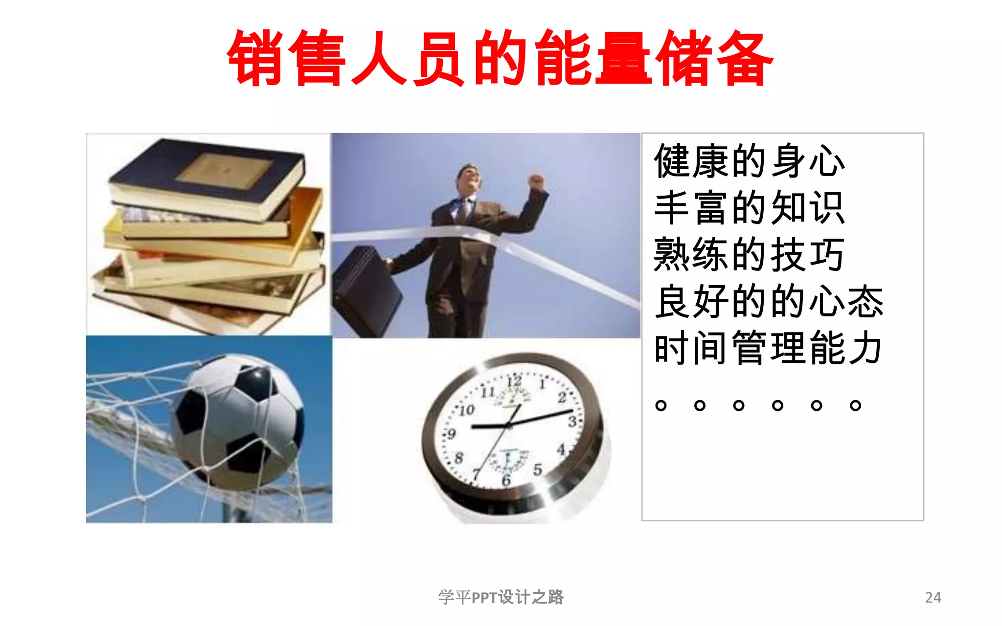 24销售人员的能量储备健康的身心丰富的知识熟练的技巧良好的的心态时间管理能力。。。。。。学平PPT设计之路