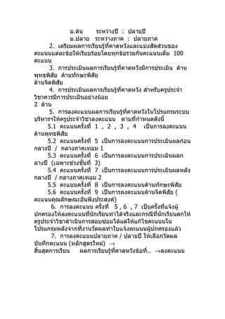 ม.ต้น    ระหว่างปี : ปลายปี
                ม.ปลาย ระหว่างภาค : ปลายภาค
       2. เตรียมผลการเรียนรู้ที่คาดหวังและแบ่งสัดส่วนของ
คะแนนแต่ละข้อให้เรียบร้อยโดยทุกข้อรวมกันคะแนนเต็ม 100
คะแนน
       3. การประเมินผลการเรียนรู้ที่คาดหวังมีการประเมิน ด้าน
พุทธพิสัย ด้านทักษะพิสัย
ด้านจิตพิสัย
       4. การประเมินผลการเรียนรู้ที่คาดหวัง สำาหรับครูประจำา
วิชาควรมีการประเมินอย่างน้อย
2 ด้าน
       5. การลงคะแนนผลการเรียนรู้ที่คาดหวังในโปรแกรมระบบ
บริหารฯให้ครูประจำาวิชาลงคะแนน ตามที่กำาหนดดังนี้
       5.1 คะแนนครั้งที่ 1 , 2 , 3 , 4 เป็นการลงคะแนน
ด้านพุทธพิสัย
       5.2 คะแนนครั้งที่ 5 เป็นการลงคะแนนการประเมินผลก่อน
กลางปี / กลางภาคเทอม 1
       5.3 คะแนนครั้งที่ 6 เป็นการลงคะแนนการประเมินผลก
ลางปี (เฉพาะช่วงชั้นที่ 3)
       5.4 คะแนนครั้งที่ 7 เป็นการลงคะแนนการประเมินผลหลัง
กลางปี / กลางภาคเทอม 2
       5.5 คะแนนครั้งที่ 8 เป็นการลงคะแนนด้านทักษะพิสัย
       5.6 คะแนนครั้งที่ 9 เป็นการลงคะแนนด้านจิตพิสัย (
คะแนนคุณลักษณะอันพึงประสงค์)
        6. การลงคะแนน ครั้งที่ 5 , 6 , 7 เป็นครั้งที่แจ้งผู้
ปกครองให้ลงคะแนนที่นักเรียนทำาได้จริงและกรณีที่นักเรียนตกให้
ครูประจำาวิชาดำาเนินการสอบซ่อมได้แต่ให้แก้ไขคะแนนใน
โปรแกรมหลังจากทีงานวัดผลทำาใบแจ้งคะแนนผู้ปกครองแล้ว
                     ่
        7. การลงคะแนนปลายภาค / ปลายปี ให้เลือกวัดผล
บันทึกคะแนน (หลักสูตรใหม่) →
สิ้นสุดการเรียน     ผลการเรียนรูที่คาดหวังข้อที.. →ลงคะแนน
                                ้              ่
 