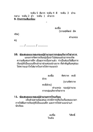 ระดับ 5 ดีมาก ระดับ 4 ดี                   ระดับ 3 ปาน
กลาง ระดับ 2 ตำ่า ระดับ 1 ตำ่ามาก
9. กิจกรรมสืบเนื่อง
                            -

                                                     ลงชื่อ
                                                        (นายสุพัฒน์ อัต
จริต)
                                                                 ตำาแหน่ง
ครู

        …… / ............ / .............


10. ข้อเสนอแนะของรองผู้อำานวยการกลุ่มบริหารวิชาการ
             แผนการจัดการเรียนรู้เมื่อนำาไปสอนแล้วอาจจะเกิด
  ความสับสนการฝึก เมื่อดูจากเนื้อหาแล้ว จำาเป็นต้องใช้สื่อการ
  เรียนรู้ที่เป็นแบบฝึกเข้ามาช่วยค่อนข้างมาก ทีสำาคัญคือครูต้อง
                                                ่
  ให้ความเอาใจใส่มากในการให้การแนะนำา


                                            ลงชื่อ        พิศวาท คะลี
                                  ล้วน
                                                            (นางพิศวาท
                                  คะลีลวน)
                                       ้
                                          ตำาแหน่ง รองผู้อำานวย
                                  การกลุมบริหารวิชาการ
                                        ่

١1. ข้อเสนอแนะของผู้อำานวยการโรงเรียน
           เห็นด้วยตามข้อเสนอ ควรมีการปรับในเรื่องของเวลา
 การใช้สื่อการเรียนรูที่เป็นแบบฝึก และการให้คำาแนะนำาแก่
                     ้
 นักเรียน


                                             ลงชื่อ              วิสิทธิ์
                                            ใจเถิง
 