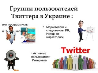 Группы пользователей  Твиттера в Украине : <ul><ul><ul><li>Маркетологи и специалисты PR,  </li></ul></ul></ul><ul><ul><ul>...