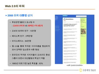 Web2.0의 파워▶ 2008 미국 대통령 선거후보관련 블로그포스팅 수 - 오바마5억개VS매케인1억 5천개오바마트위터 친구 : 13만명