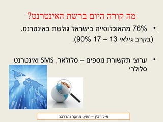 ?‫האינטרנט‬ ‫ברשת‬ ‫היום‬ ‫קורה‬ ‫מה‬
•76%.‫באינטרנט‬ ‫גולשת‬ ‫בישראל‬ ‫מהאוכלוסייה‬
‫גילאי‬ ‫)בקרב‬13–1790%.(
•,‫סלולאר‬ – ‫נוספים‬ ‫תקשורת‬ ‫ערוצי‬SMS‫ואינטרנט‬
‫סלולרי‬
‫רבין‬ ‫איל‬‫והדרכה‬ ‫מחקר‬ ,‫יעוץ‬ –
 