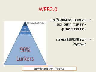 WEB2.0
•‫ה‬ ‫עם‬ ‫מה‬LURKERS‫מה‬ ?
‫ומה‬ ‫התוכן‬ ‫יוצרי‬ ‫אחוז‬
.‫התוכן‬ ‫צרכני‬ ‫אחוז‬
•‫האם‬LURKER‫גם‬ ‫הוא‬
?‫משתתף‬
‫רבין‬ ‫איל‬‫והדרכה‬ ‫מחקר‬ ,‫יעוץ‬ –
 