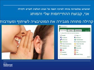     אני ,  קבוצת ההתייחסות שלי והמותג  האינטרנט כפלטפורמה פתוחה לשיתוף והפצה של תכנים והמלצות לחברים ולקהילה קהילה פתוחה מגבירה את המוטיבציה לשיתוף ומעורבות 