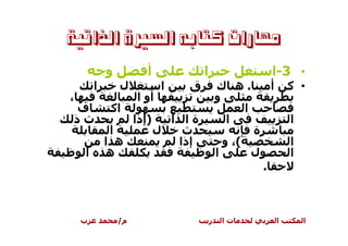 ‫ﻣﻬﺎﺭﺍﺕ ﻛﺘﺎﺑﻪ ﺍﻟﺴﲑﺓ ﺍﻟﺬﺍﺗﻴﺔ‬
            ‫و‬           ‫أ‬            ‫ا‬                          ‫• 3-ا‬
        ‫ا‬       ‫ل‬            ‫ا‬   ‫ق‬           ‫.ه ك‬               ‫أ‬       ‫• آ‬
‫،‬                    ‫أو ا‬                    ‫و‬
‫ف‬            ‫اآ‬                                  ‫ا‬
‫ثذ‬                   ‫)إذا‬     ‫ةا ا‬             ‫ا‬                        ‫ا‬
            ‫ا‬               ‫ل‬   ‫ث‬                       ‫ة‬
            ‫ه ا‬                ‫إذا‬               ‫(، و‬                   ‫ا‬
    ‫ا‬       ‫ه‬                                ‫ا‬          ‫ل‬               ‫ا‬
                                                            ‫.‬



    ‫ب‬           ‫م/‬                       ‫ر‬       ‫تا‬                 ‫ا‬       ‫ا‬
 