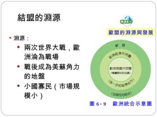 結盟的淵源 淵源： 兩次世界大戰，歐洲淪為戰場 戰後成為美蘇角力的地盤 小國寡民（市場規模小） 歐盟的淵源與發展 圖 6-9  歐洲統合示意圖 