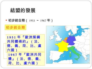 結盟的發展 初步統合期（ 1951 ～ 1967 年） 初步統合期 1951 年『歐洲煤鋼共同體條約』（法、德、義、荷、比、盧六國） 1967 年『歐洲共同體』（法、德、義、荷、比、盧六國） 