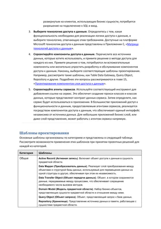 развернутым на клиентах, использующих бизнес-сущности, потребуется
                  разрешение на подключение к SQL и вход.
        3. Выберите технологию доступа к данным. Определитесь с тем, какая
           функциональность необходима для реализации логики доступа к данным, и
           выберите технологию, отвечающую этим требованиям. Доступные на платформе
           Microsoft технологии доступа к данным представлены в Приложении С, «Матрица
           технологий доступа к данным».
        4. Спроектируйте компоненты доступа к данным. Перечислите все источники
           данных, которые хотите использовать, и примите решение о методе доступа для
           каждого из них. Примите решение о том, потребуются ли вспомогательные
           компоненты или желательно упростить разработку и обслуживание компонентов
           доступа к данным. Наконец, выберите соответствующие шаблоны проектирования.
           Например, рассмотрите такие шаблоны, как Table Data Gateway, Query Object,
           Repository и другие. Подробнее эти вопросы рассматриваются в главе 15,
           «Проектирование компонентов слоя доступа к данным».
        5. Спроектируйте агенты сервисов. Используйте соответствующий инструмент для
           добавления ссылки на сервис. Это обеспечит создание прокси-классов и классов
           данных, которые представляют контракт данных сервиса. Затем определите, как
           сервис будет использоваться в приложении. В большинстве приложений доступ к
           функциональности и данным, предоставляемым агентами сервисов, реализуется
           посредством компонентов доступа к данным, что обеспечивает единый интерфейс
           независимо от источника данных. Для небольших приложений бизнес-слой, или
           даже слой представления, может работать с агентом сервиса напрямую.



Шаблоны проектирования
Основные шаблоны организованы по категориям и представлены в следующей таблице.
Рассмотрите возможности применения этих шаблонов при принятии проектных решений для
каждой из категорий.

Категория      Шаблоны
Общие          Active Record (Активная запись). Включает объект доступа к данным в сущность
               предметной области.
               Data Mapper (Преобразователь данных). Реализует слой преобразования между
               объектами и структурой базы данных, используемый для перемещения данных из
               одной структуры в другую, обеспечивая при этом их независимость.
               Data Transfer Object (Объект передачи данных). Объект, в котором сохраняются
               данные, передаваемые между процессами, что обеспечивает сокращение
               необходимого числа вызовов методов.
               Domain Model (Модель предметной области). Набор бизнес-объектов,
               представляющих сущности предметной области и отношения между ними.
               Query Object (Объект запроса). Объект, представляющий запрос к базе данных.
               Repository (Хранилище). Представление источника данных в памяти, работающее с
               сущностями предметной области.
 